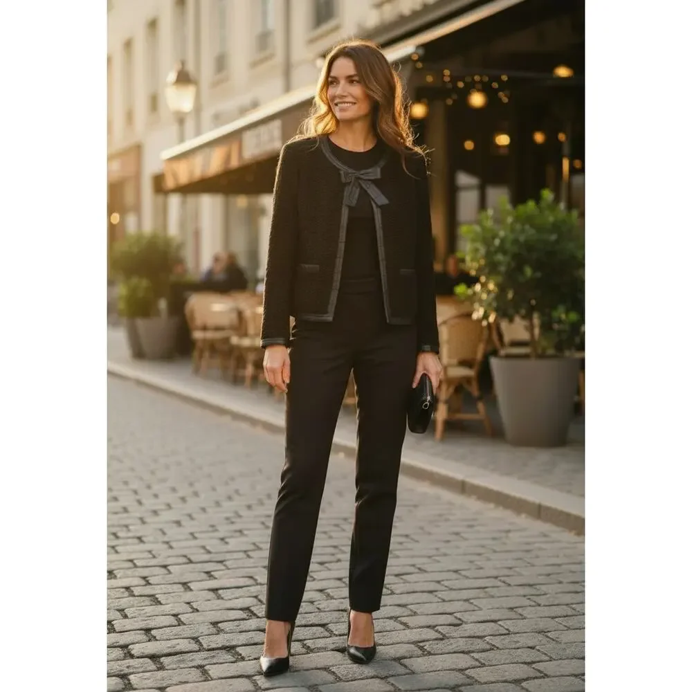Chanel 2003 Lambskin Leather Bow Cropped Jacket Black Size 42